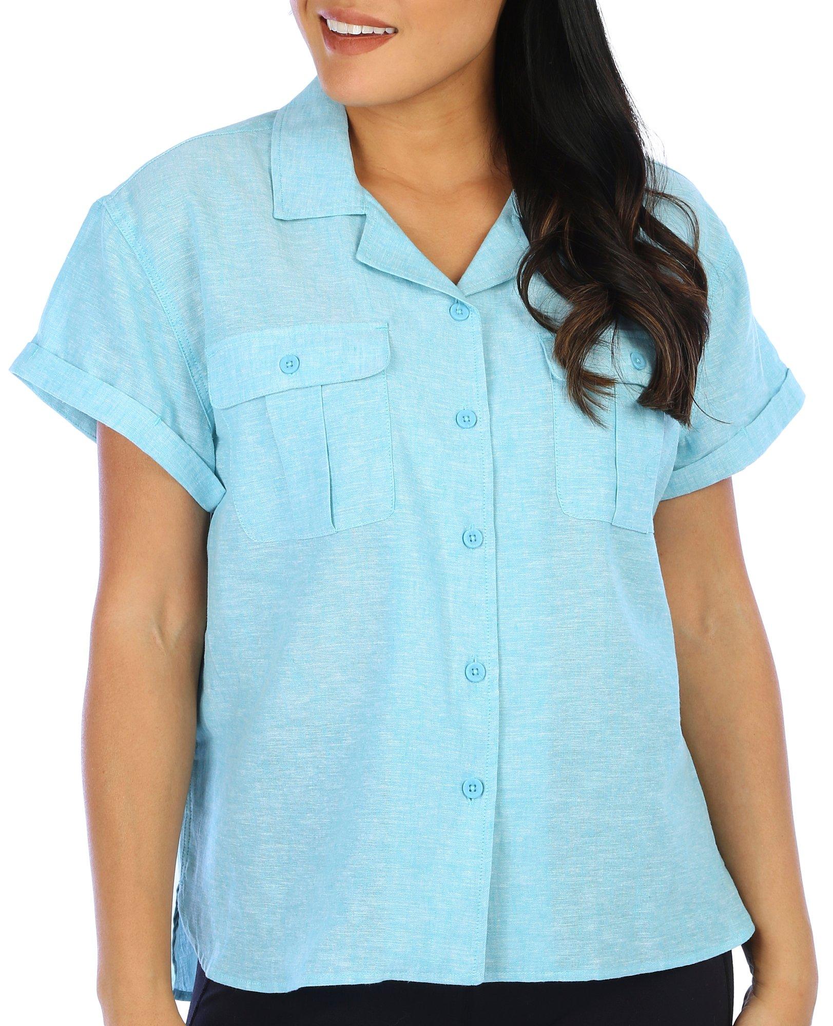 Reel Legends Womens Short Sleeve Cotton Linen Shirt - Sage - X-Large