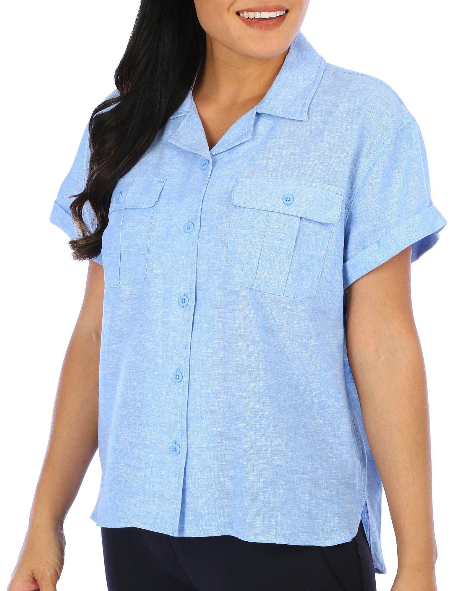Reel Legends Womens Short Sleeve Cotton Linen Shirt - Marine Blue - Large
