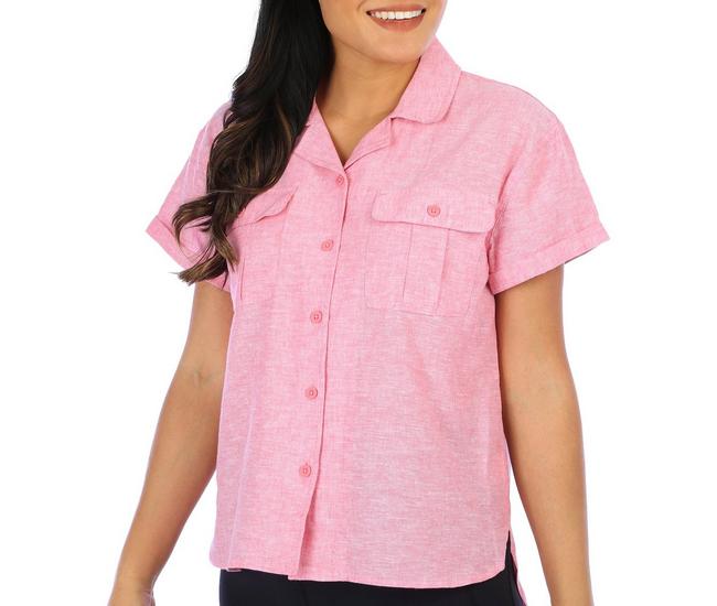 Reel Legends Womens Short Sleeve Cotton Linen Shirt - Pink - Large