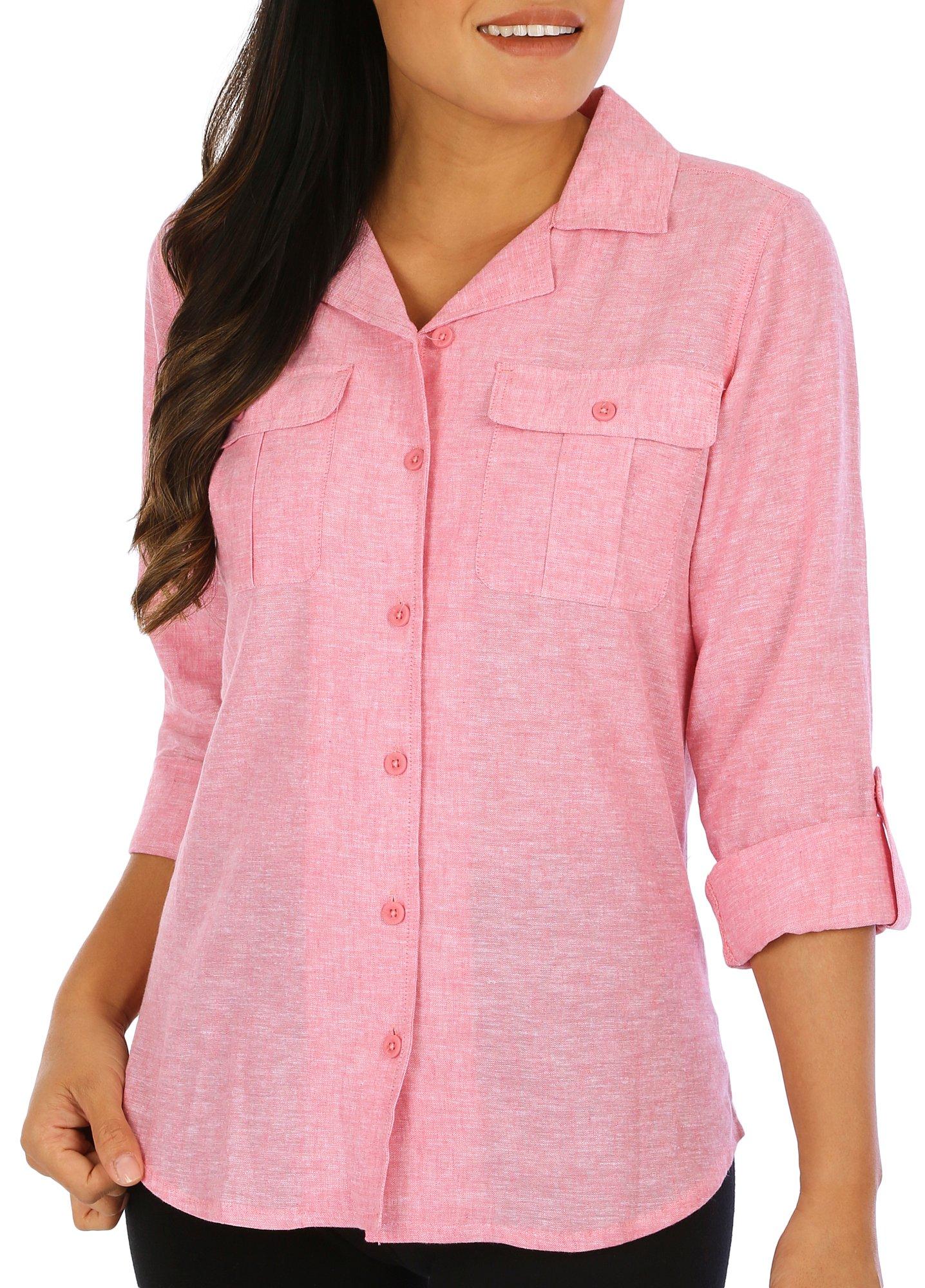 Womens Solid Cotton Linen Long Sleeve Top - Pink - Large