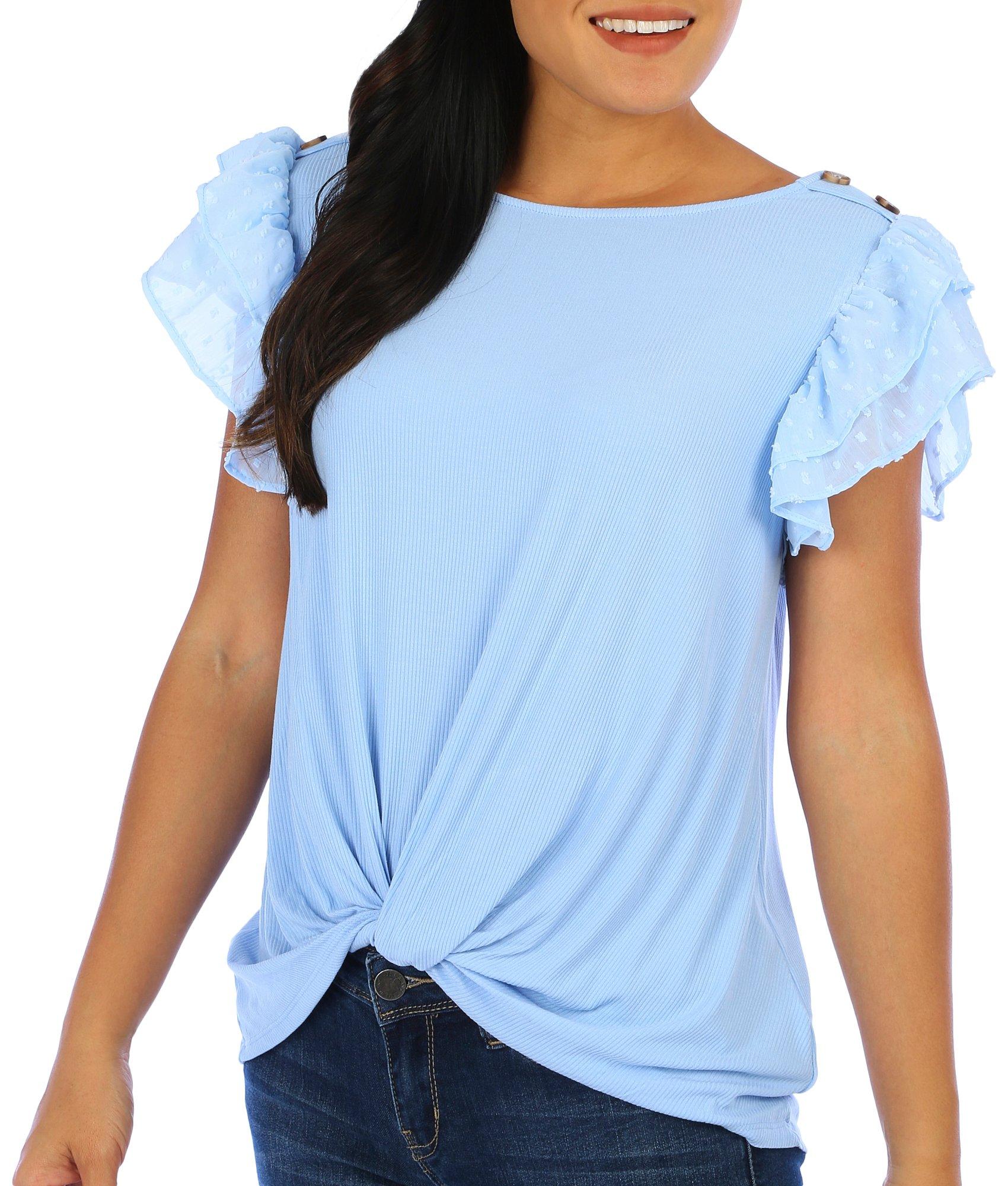 Blue Sol Womens Embellished Lace Short Flutter Sleeve Top