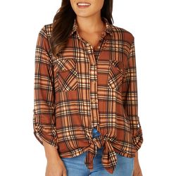 Womens Cross Plaid Tie Front Long Sleeve Top