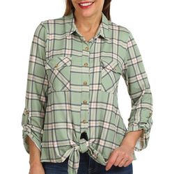 Womens Plaid Tie Front Long Sleeve Top