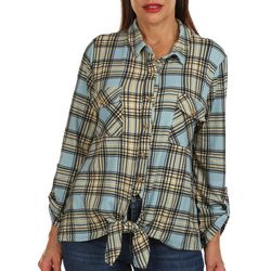Womens Brush Plaid Tie Front Long Sleeve Top