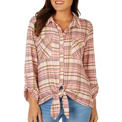 Womens Linear Plaid Tie Front Long Sleeve Top