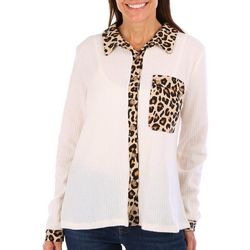 Bunulu Womens Long Sleeve Leopard Print Trim Button Down Top