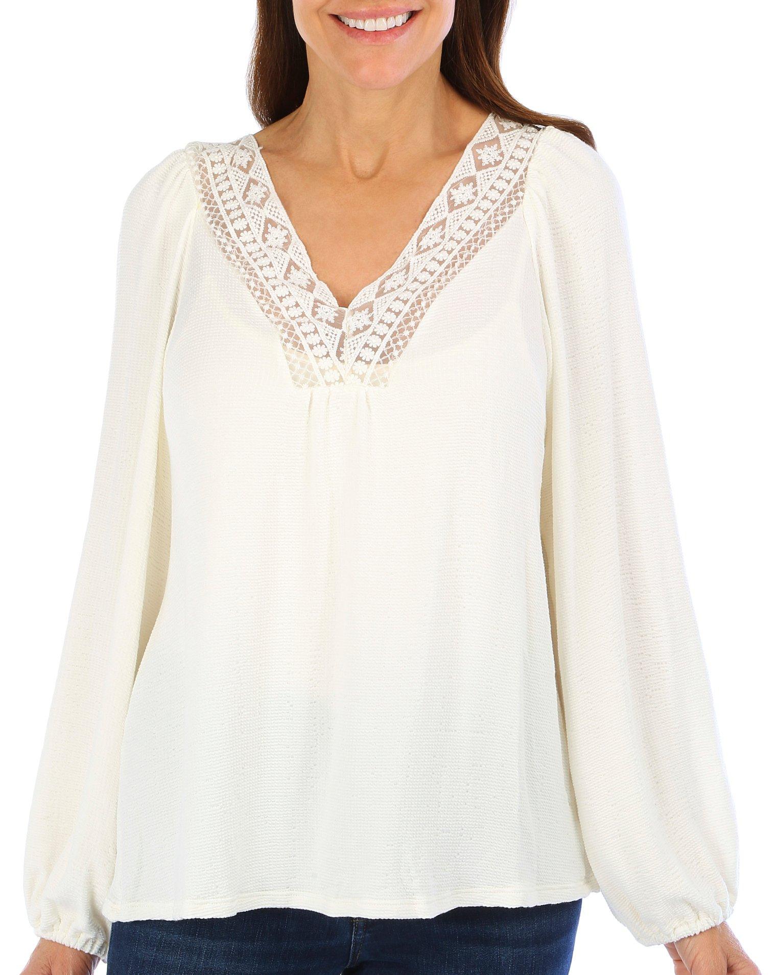 Above and Beyond Womens Lace Trimmed V-Neck Long Sleeve Top