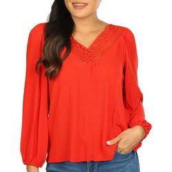 Womens Lace Trimmed V-Neck Long Sleeve Top