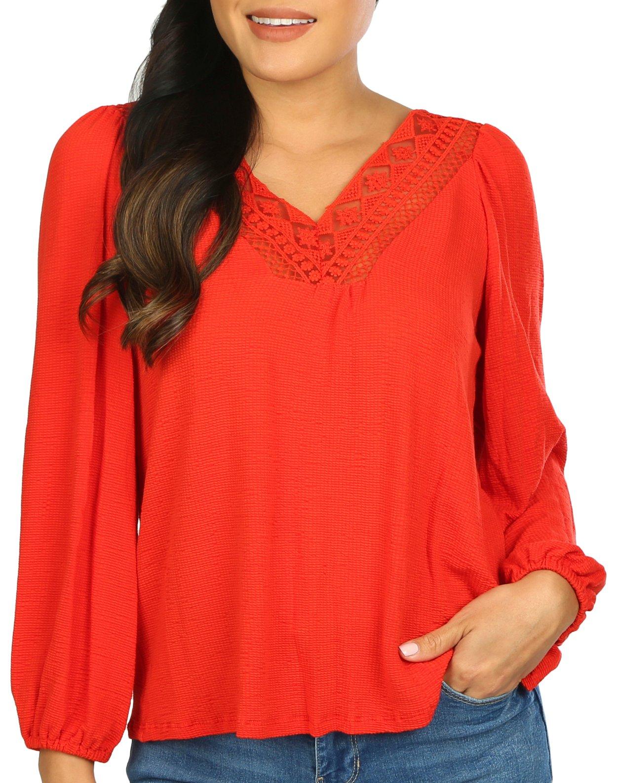 Womens Lace Trimmed V-Neck Long Sleeve Top