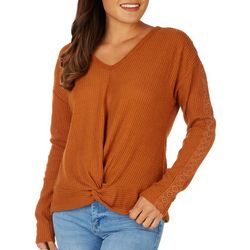 Womens Solid Long Sleeve Lace Pullover Sweater