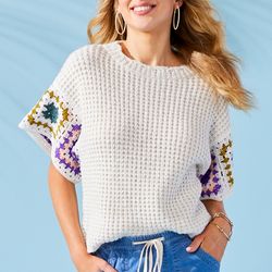 Bunulu Womens Solid Crochet Trim Sweater