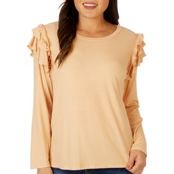 Womens Solid Ribbed Flutter Long Sleeve Top