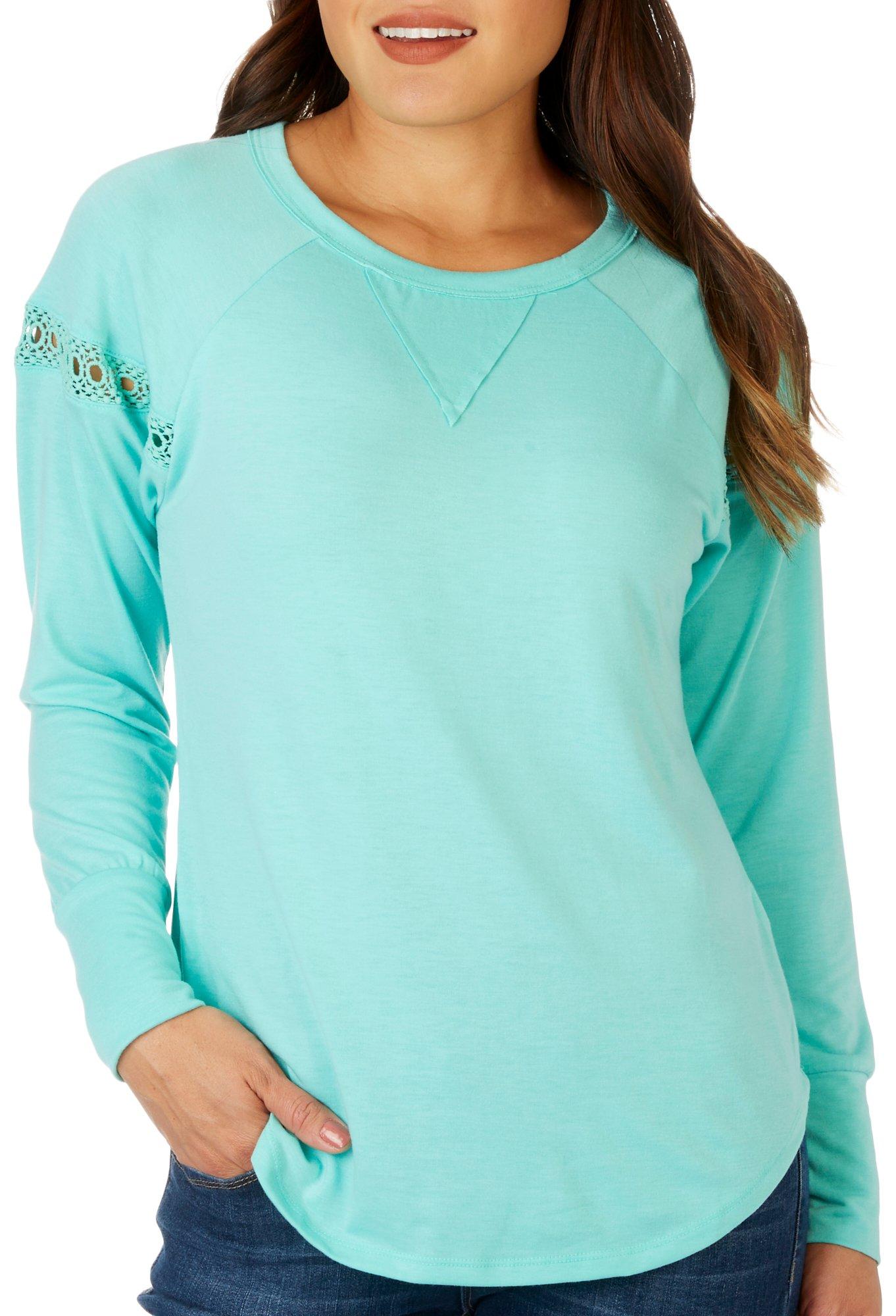 Womens Solid Lace Back Long Sleeve Top