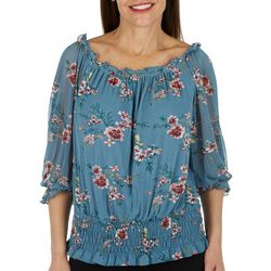 Notations Womens Floral Smocked Waist Off The Shoulder Top