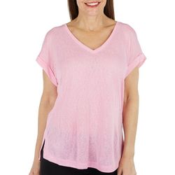 Womens Solid Textured Boxy V-Neck Short Sleeve Top
