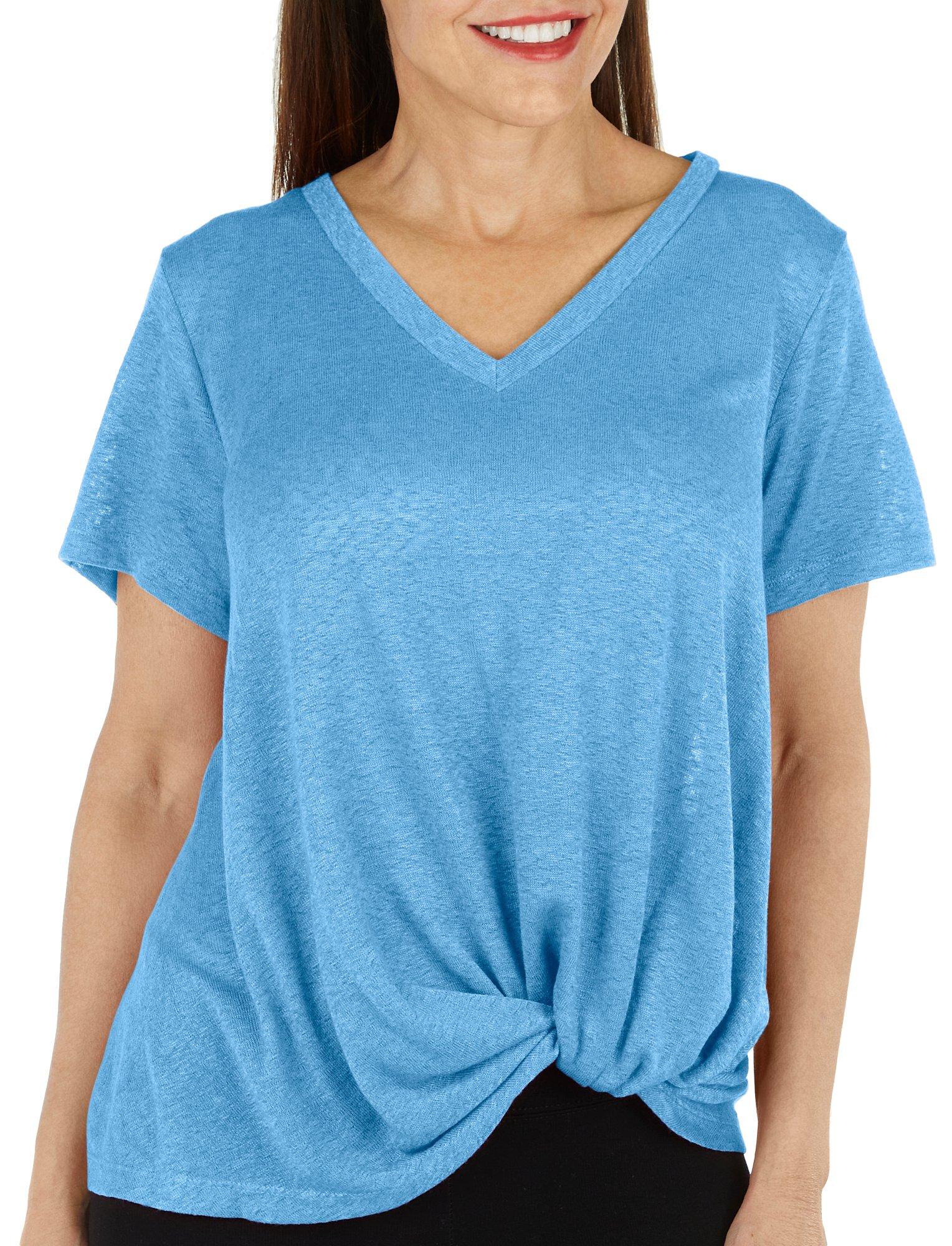 Womens Solid Textured V-Neck Twist Short Sleeve Top