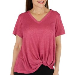 Womens Solid Textured V-Neck Twist Short Sleeve Top
