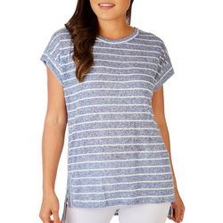 Womens Textured Boxy Round Neck Striped Short Sleeve Top