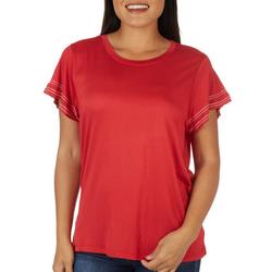 Womens Solid Double Ruffle Short Sleeve Top