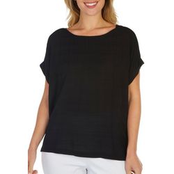 Bobeau Womens Solid Textured Boxy Boatneck Short Sleeve Top