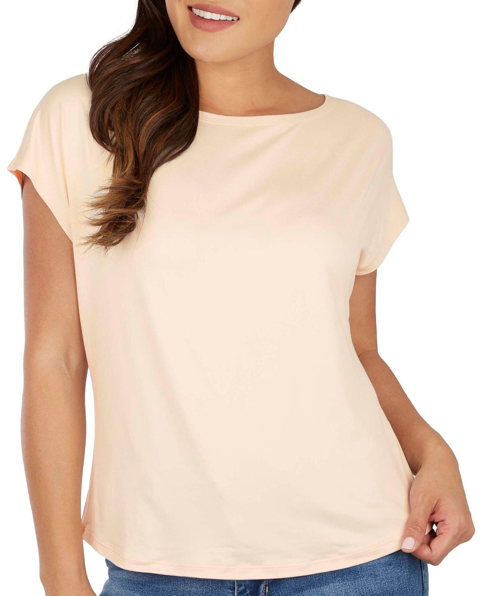 Womens Solid Boxy Round Neck Drop Shoulder Short Sleeve Top