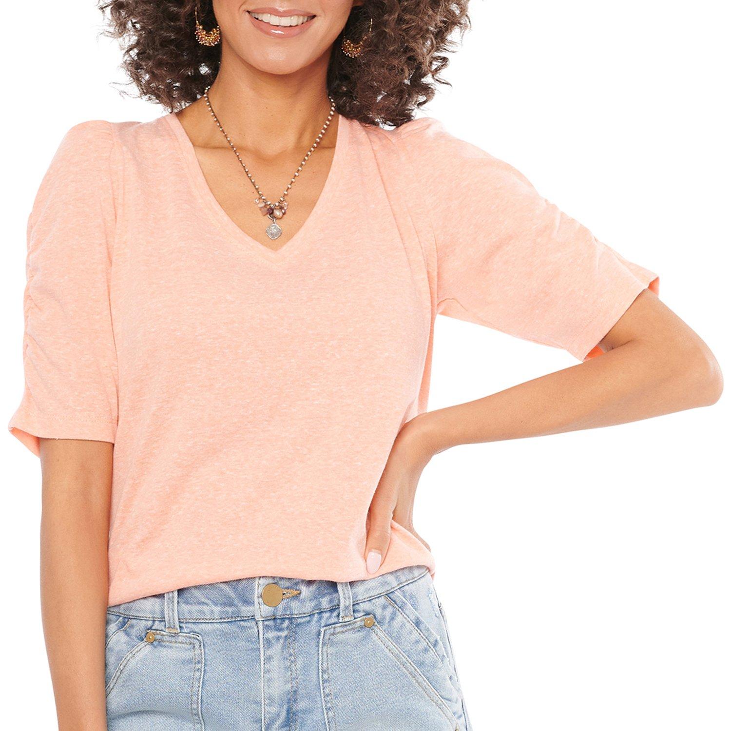 Womens Solid Ruched Elbow Puff Short Sleeve Top