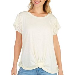 Democracy Womens Solid Front Knot Eyelet Short Sleeve Top