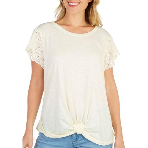 Democracy Womens Solid Front Knot Eyelet Short Sleeve