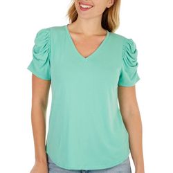 Green Envelope Womens Solid V Neck Puff Short Sleeve Top