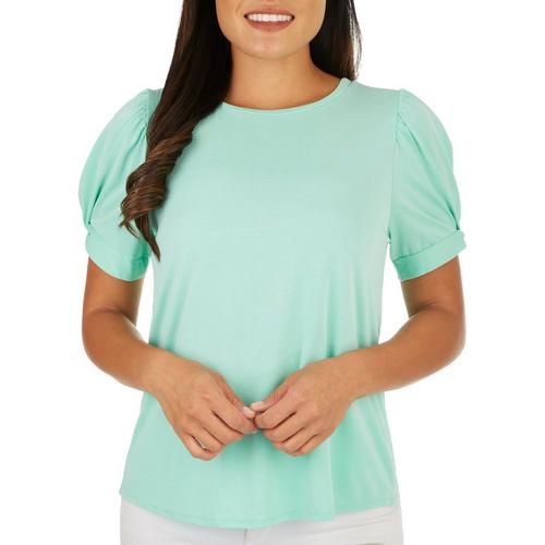 Green Envelope Womens Solid Puff Short Sleeve Top