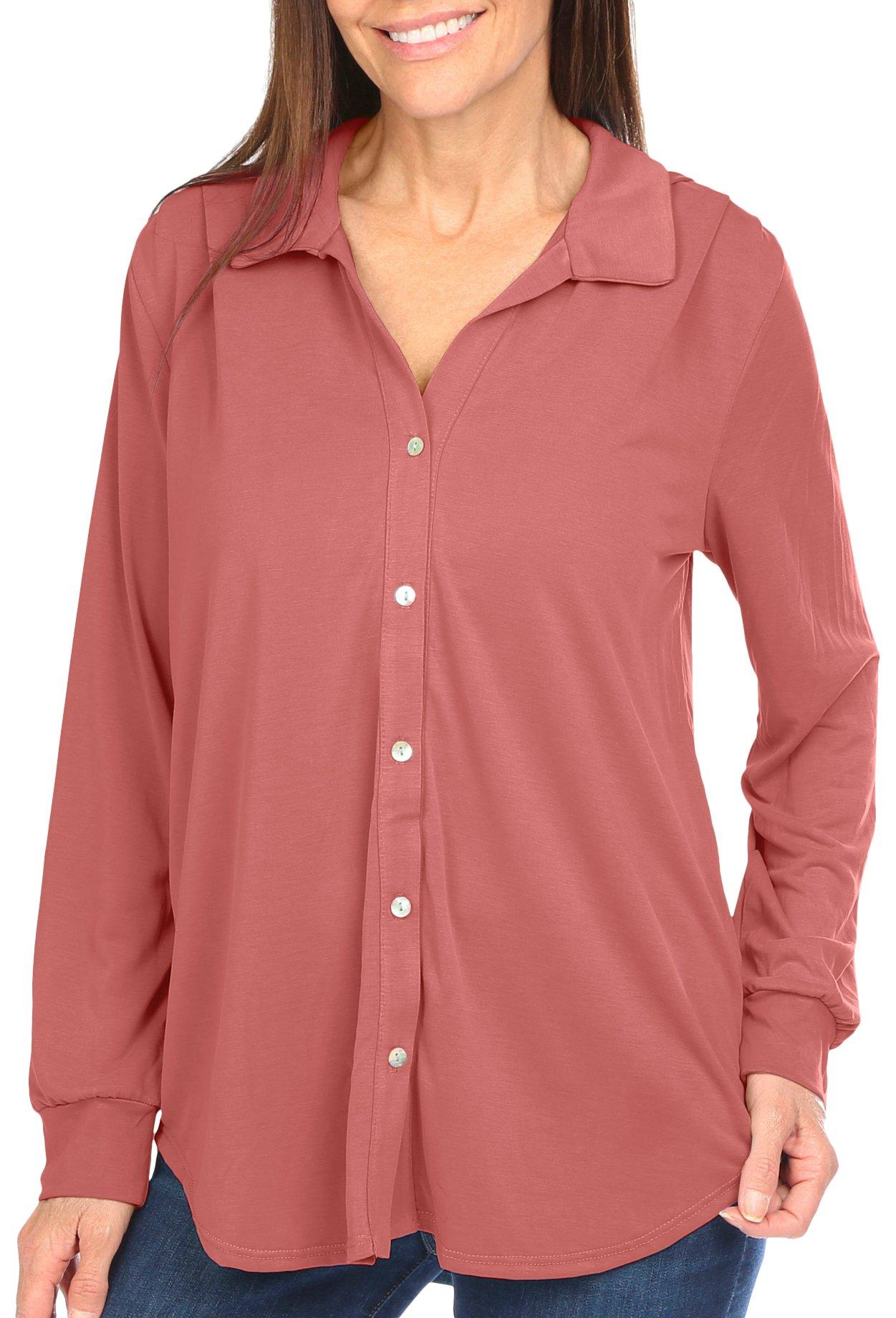 Womens Classic Solid Button Down Long Sleeve Top