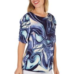 Womens Marble Boat Neck Ruched Sleeve Top
