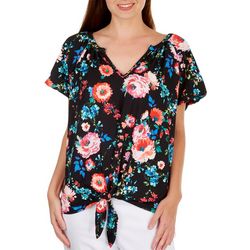 Cha Cha Vente Womens Floral Tie Front Short Sleeve Top