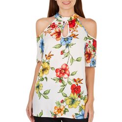 Cha Cha Vente Womens Floral Cold Shoulder Short Sleeve Top