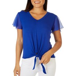 Kim & Cami Womens Solid Front Tie Flutter Short Sleeve Top