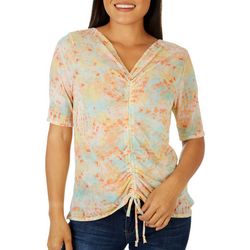 Cha Cha Vente Womens Tie-Dye Front Ruched Short Sleeve Top
