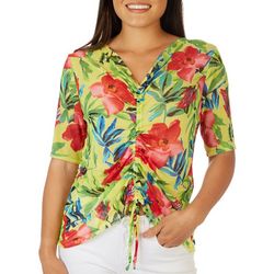 Cha Cha Vente Womens Floral Mesh Ruched Front Top