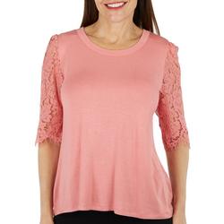 Womens Solid Lace Elbow Sleeve Top