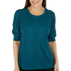 Cha Cha Vente Womens 3/4 Solid Ribbed Ruched Sleeve Top