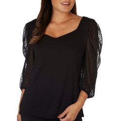 Womens Solid Sqaure V Neck Sheer Long Sleeve Top