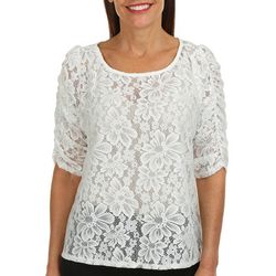Womens Solid Sheer Floral Lace Ruched Sleeve Sleeve Top