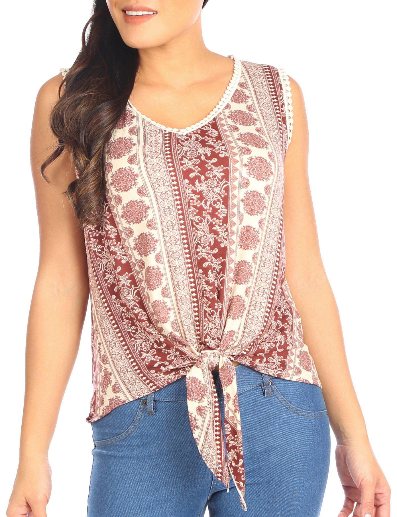 Womens Print Front Tie Embellished Sleeveless Top