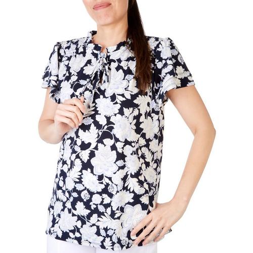 Fairhaven Womens Floral Smocked Layered Short Sleeve Top