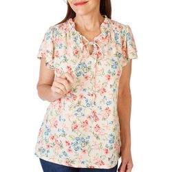 Fairhaven Womens Print Smocked Double Layer Short Sleeve Top