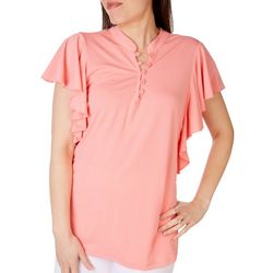 Fairhaven Womens Solid Color Flutter Sleeve Top