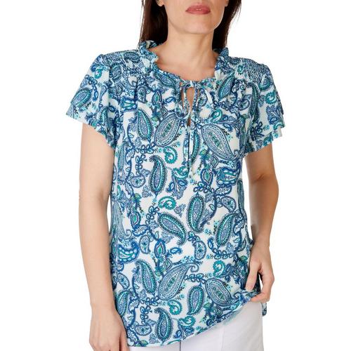 Fairhaven Womens Paisley Smocked Layered Short Sleeve Top