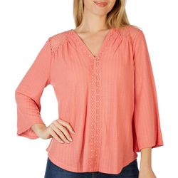 Womens Solid Lace Trim Long Sleeve Top