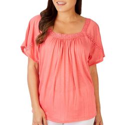 Womens Solid Lace Trim Short Sleeve Top