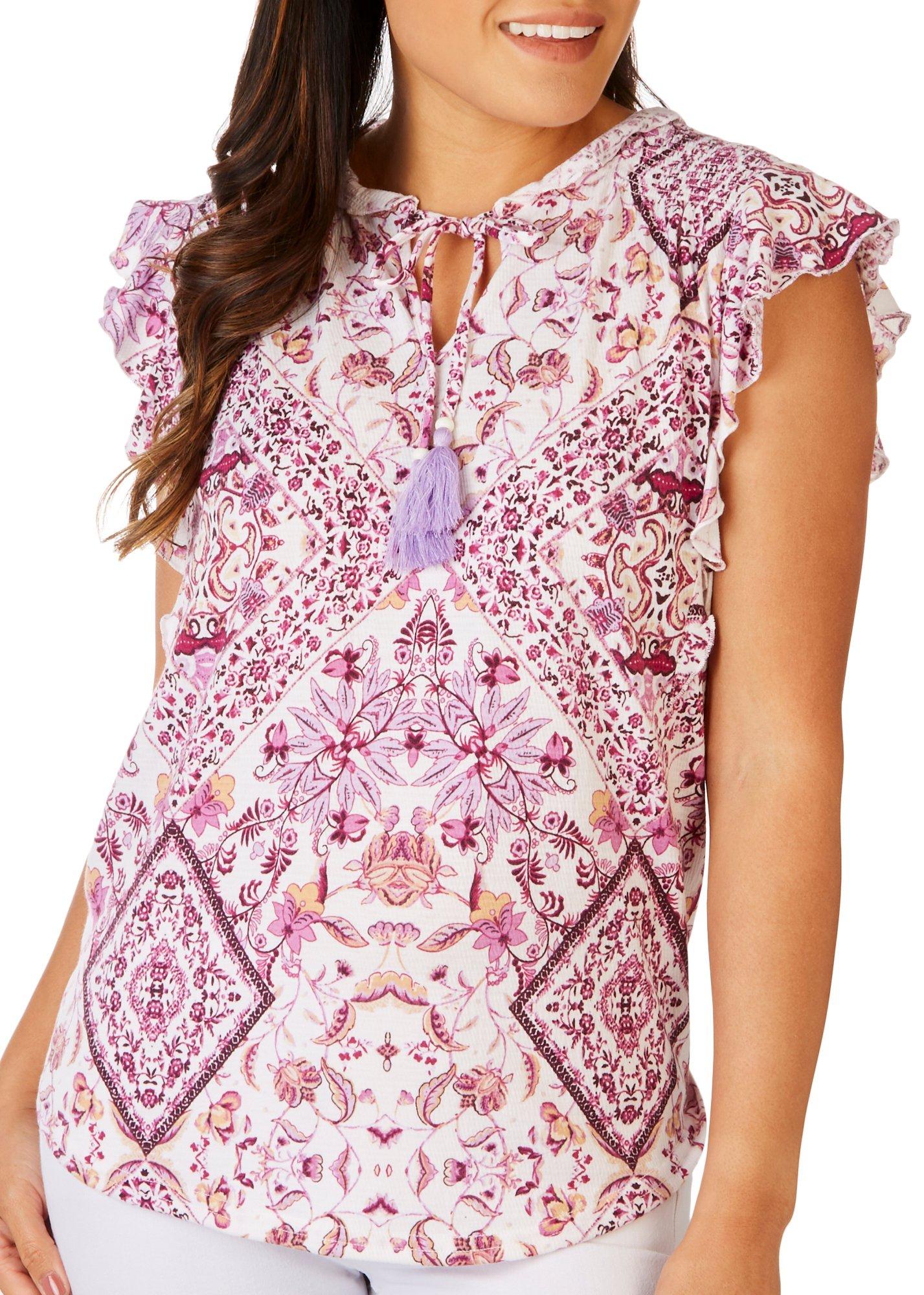 Womens Print Ruffles and Tassel Top
