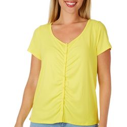 Inner Circle Womens Solid Ribbed Button Short Sleeve Top